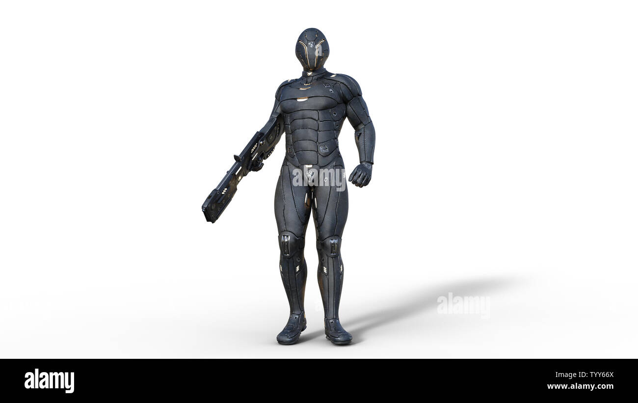 Il futuristico android soldato in bulletproof armor, cyborg militari armati con sci-fi pistola fucile in piedi su sfondo bianco, rendering 3D Foto Stock