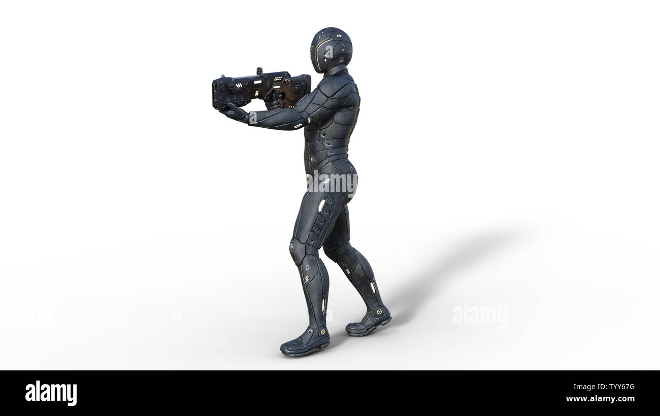 Il futuristico android soldato in bulletproof armor, cyborg militari armati con sci-fi pistola fucile a piedi e riprese su sfondo bianco, rendering 3D Foto Stock