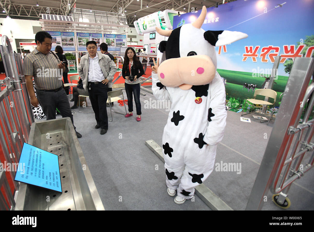 Una Donna vestita come una mucca attira i clienti cinesi per la sua azienda casearia della cabina a un livello internazionale fiera agricola a Pechino il 12 maggio 2011. La Cina si colloca al primo posto a livello mondiale nella produzione agricola. Ancora a causa del paese uno spazio limitato per le attività agricole e la sua popolazione massiccia, è anche il primo importatore mondiale di colture alimentari. UPI/Stephen rasoio Foto Stock