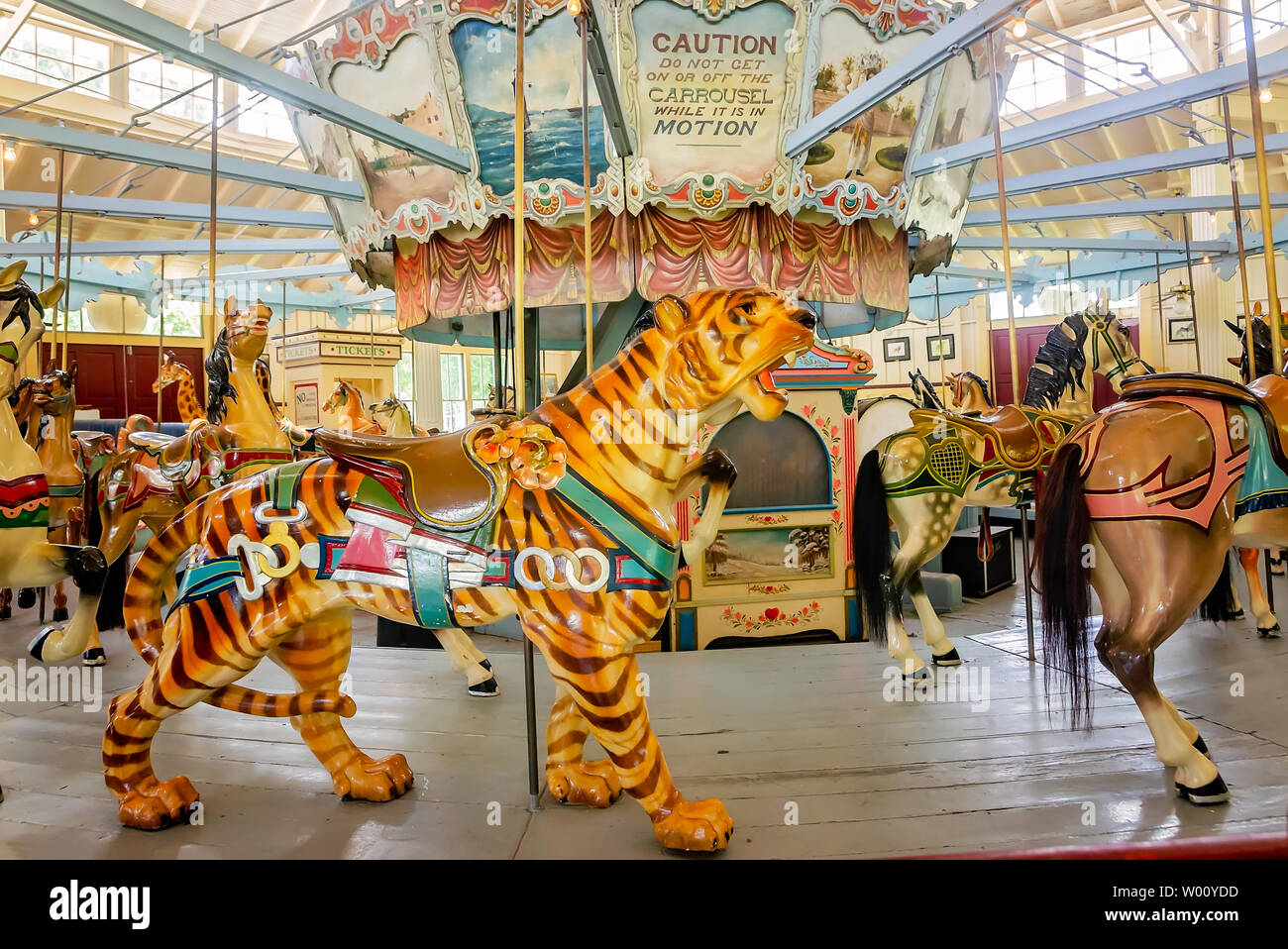 Una giostra tiger è parte del serraglio fantasiose di animali da zoo sulla Dentzel Carousel, 23 giugno 2019, a Meridian, Mississippi. Foto Stock
