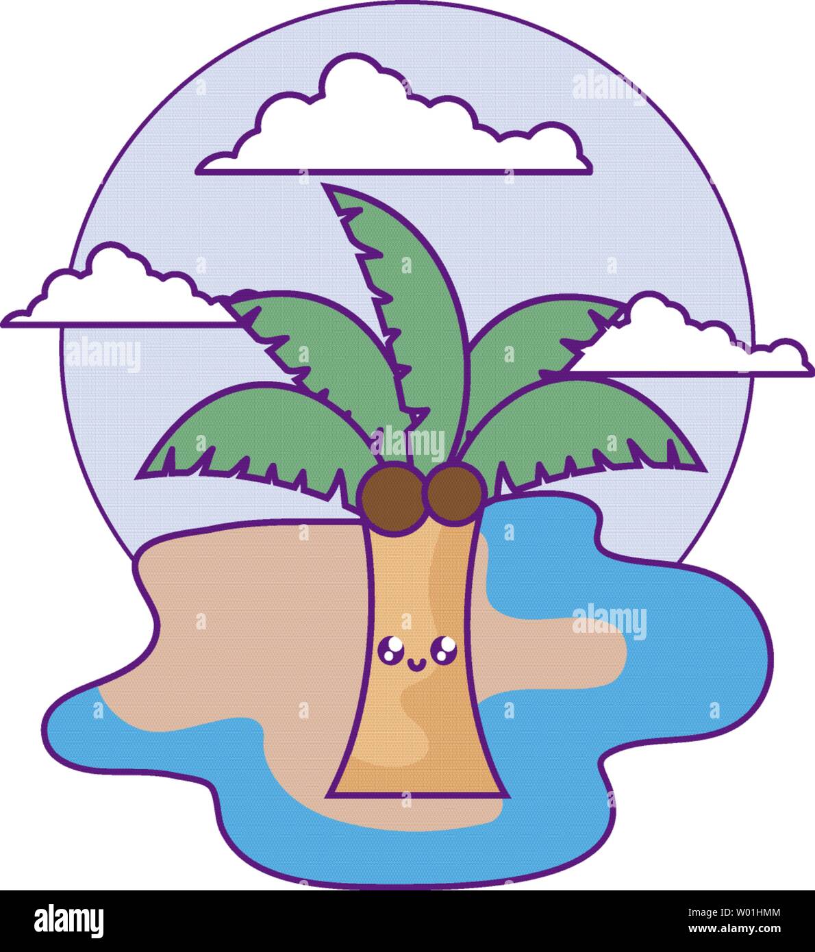 Tropical palm kawaii in spiaggia illustrazione vettoriale design Illustrazione Vettoriale
