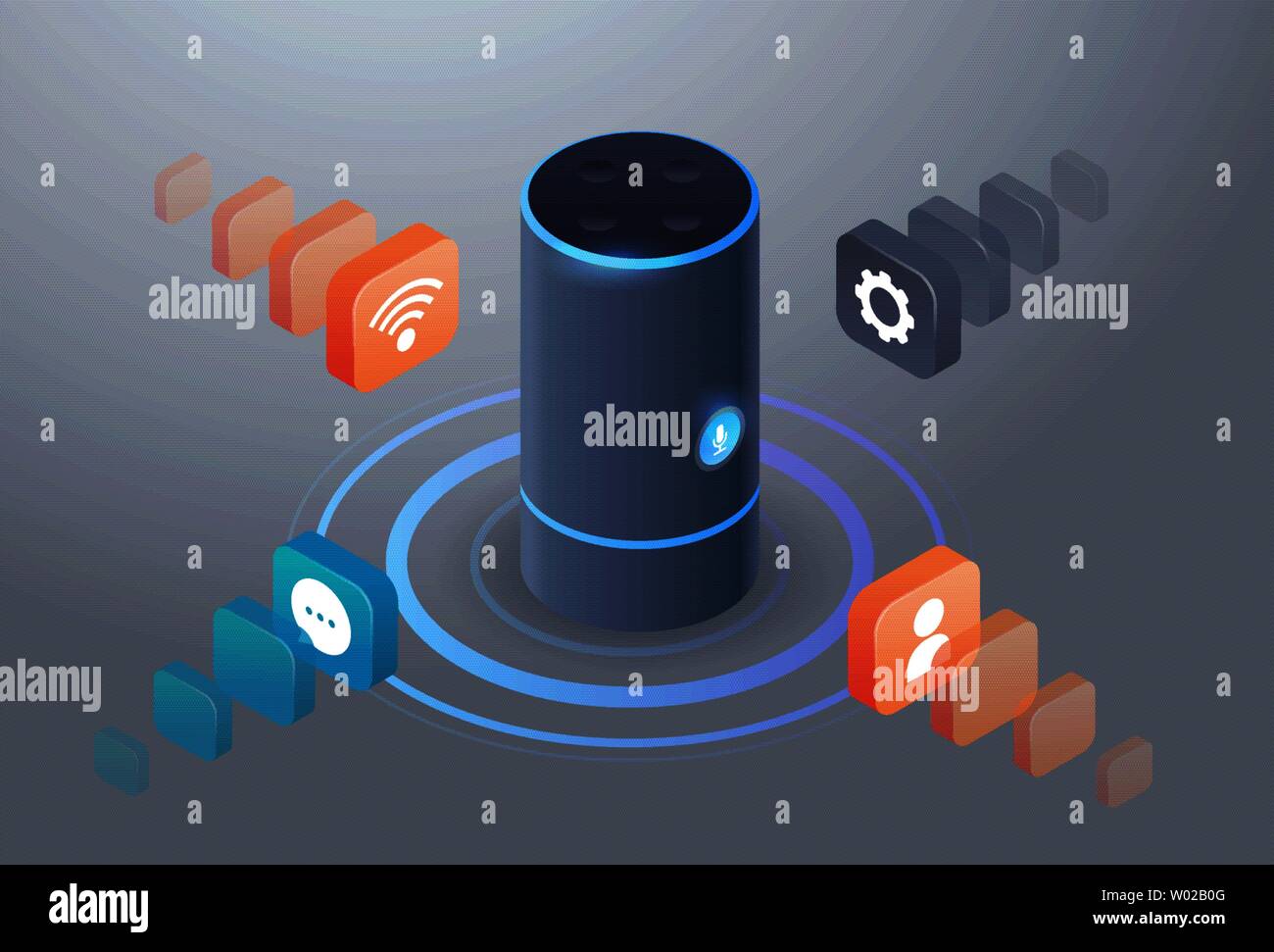 Intelligent smart speaker il riconoscimento vocale attivato assistenti digitali di comando automatizzato relazione concetto 3D isometrica piatta orizzontale Illustrazione Vettoriale