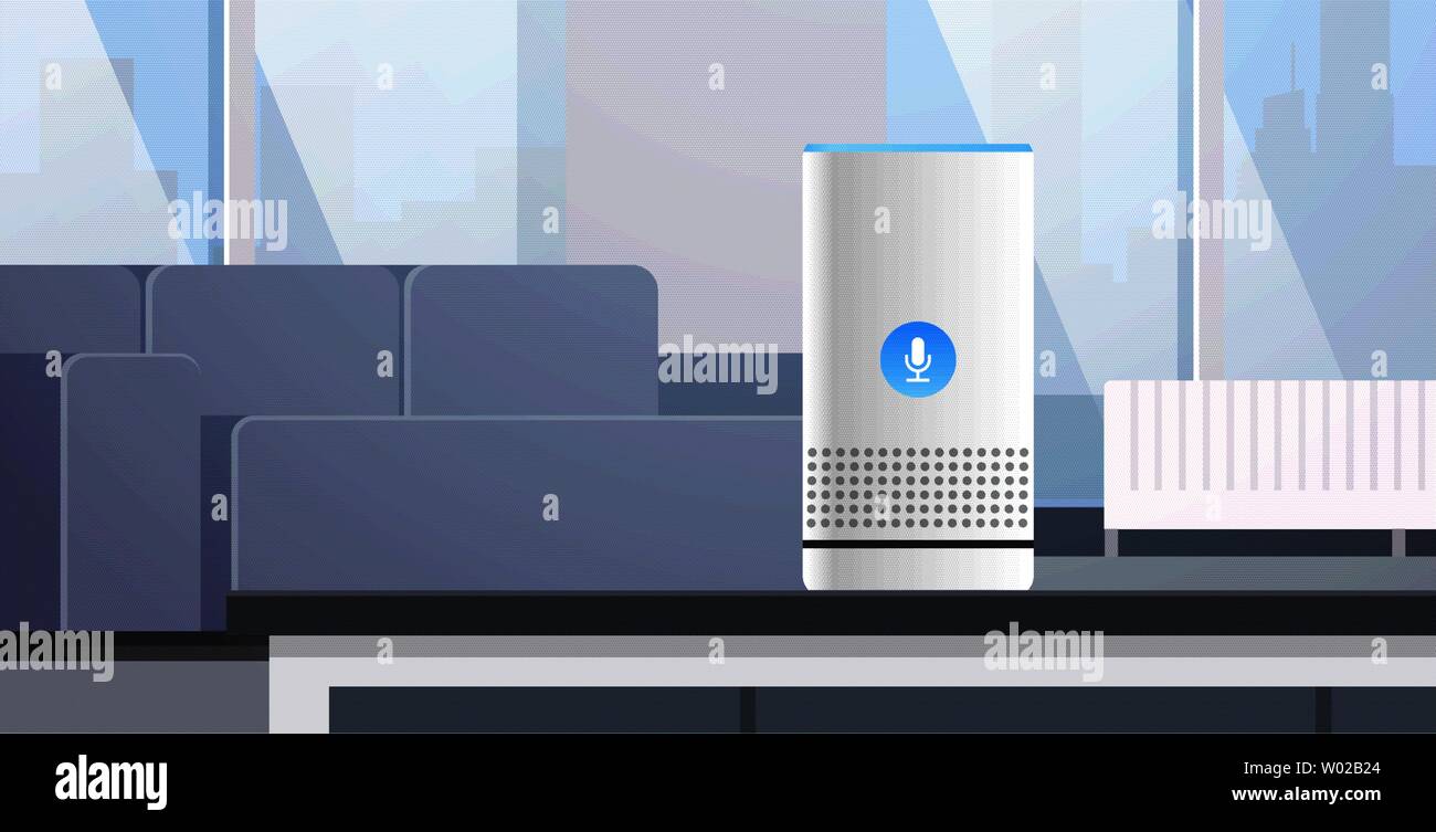 Intelligent smart speaker il riconoscimento vocale attivato assistenti digitali di comando automatizzato relazione concetto moderno soggiorno interno orizzontale piana Illustrazione Vettoriale