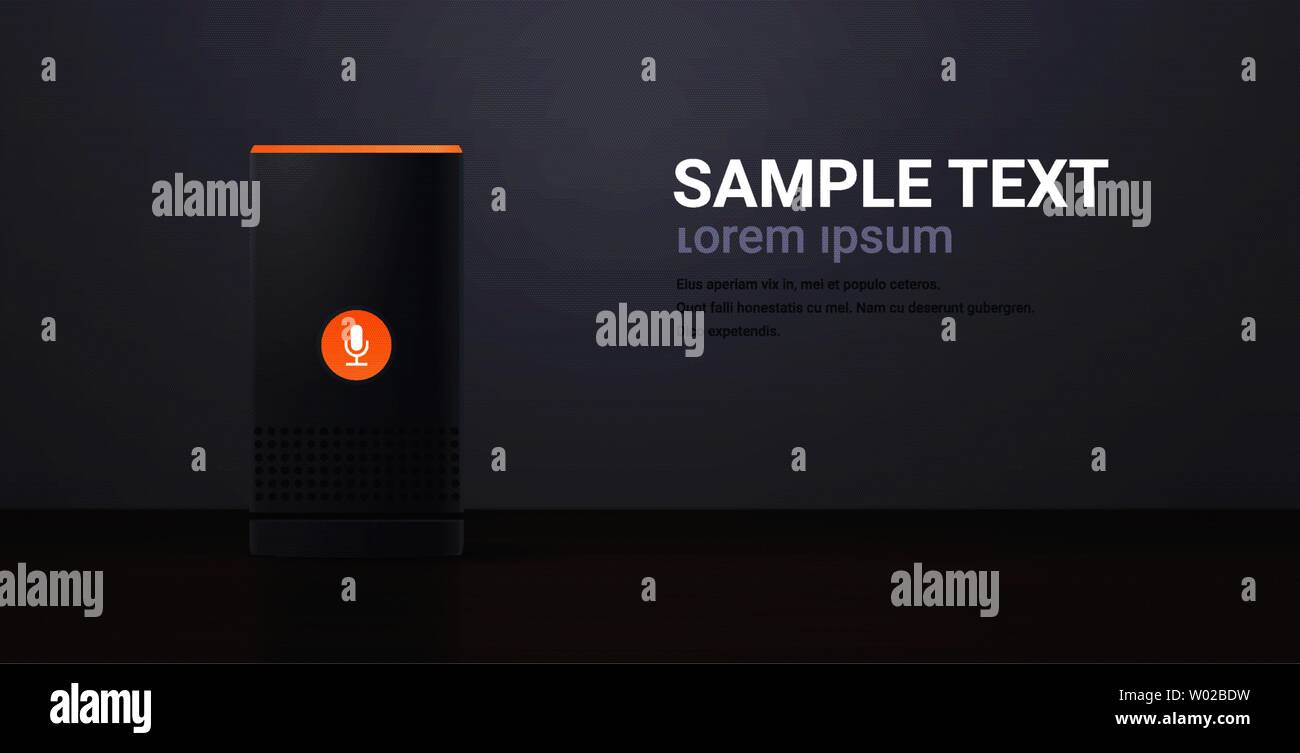 Smart relistic altoparlante sul tavolo di legno il riconoscimento vocale attivato assistenti digitali di comando automatizzato relazione concetto orizzontale piana spazio di copia Illustrazione Vettoriale