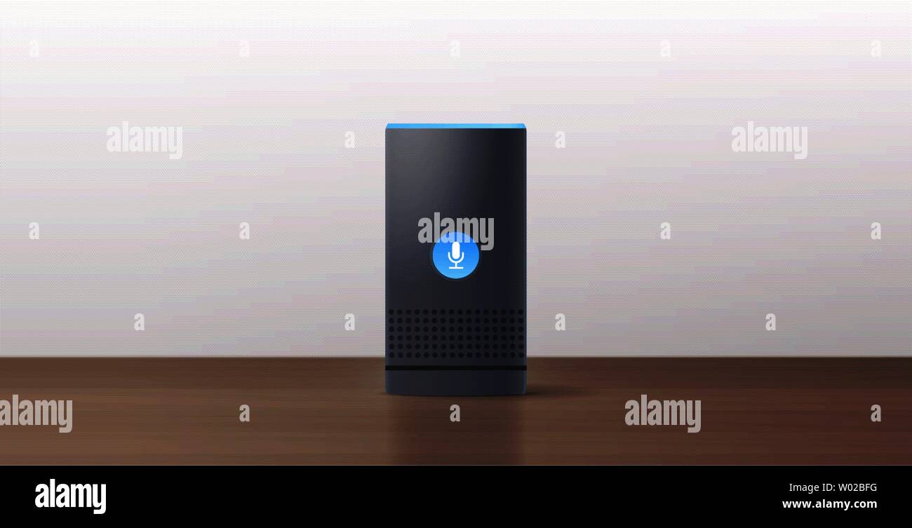 Smart relistic altoparlante sul tavolo di legno il riconoscimento vocale attivato assistenti digitali di comando automatizzato relazione concetto orizzontale piana Illustrazione Vettoriale
