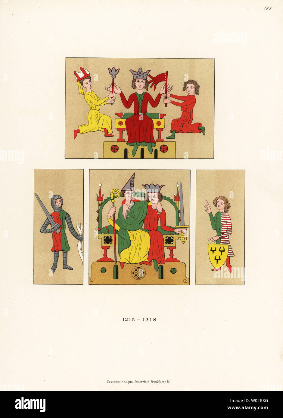 Costumi tedesco degli inizi del XIII secolo. Il re e il vescovo con scettro e nobili e bandiera, re con il papa, cavaliere e Herald. Da Eike di Repgow Sachsenspiegel del manoscritto nella biblioteca di Heidelberg, 1215-1218. Chromolithograph da Hefner-Alteneck i costumi, opere d'arte e apparecchi dal Medioevo fino al XVII secolo, Francoforte, 1889. Illustrazione dal dottor Jakob Heinrich von Hefner-Alteneck, litografata da C.R. Il dott. Hefner-Alteneck (1811 - 1903) era un museo tedesco curatore, archeologo, storico dell'arte, illustratore e incisore. Foto Stock