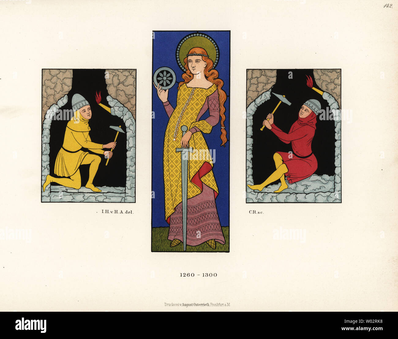 Santa Caterina di Alessandria con spada e alogeno, con due miniere di argento che lavorano in caschi e il cruscotto. I costumi del tardo XIII secolo. Da finestre di vetro macchiate in Freiburg Minster. Chromolithograph da Hefner-Alteneck i costumi, opere d'arte e apparecchi dal Medioevo fino al XVII secolo, Francoforte, 1889. Illustrazione dal dottor Jakob Heinrich von Hefner-Alteneck, litografata da C.R. Il dott. Hefner-Alteneck (1811 - 1903) era un museo tedesco curatore, archeologo, storico dell'arte, illustratore e incisore. Foto Stock