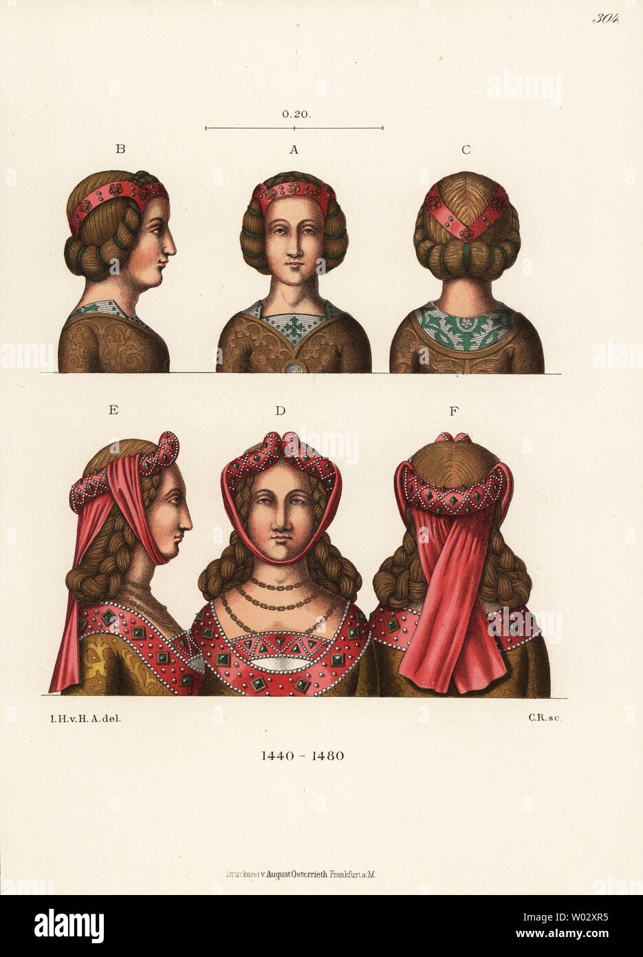 Donna copricapo dalla metà del XV secolo. Top maiden da la chiesa di San Martino, Oberwesel, e in fondo la donna dalla Basilica di San Cunibert, Colonia. Chromolithograph da Hefner-Alteneck i costumi, opere d'arte e apparecchi dal Medioevo fino al XVII secolo, Francoforte, 1889. Illustrazione dal dottor Jakob Heinrich von Hefner-Alteneck, litografata da C.R. Il dott. Hefner-Alteneck (1811 - 1903) era un museo tedesco curatore, archeologo, storico dell'arte, illustratore e incisore. Foto Stock