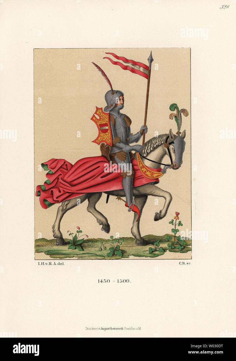 Costume cavalleresco del XV secolo. Cavaliere in armatura con timone, protezione, pennant, speroni e cracows, a cavallo. Da un manoscritto illuminato di Konrad von Ammenhausen Schachzabelbuch del. Chromolithograph da Hefner-Alteneck i costumi, opere d'arte e apparecchi dal Medioevo fino al XVII secolo, Francoforte, 1889. Illustrazione dal dottor Jakob Heinrich von Hefner-Alteneck, litografata dal C. Regnier. Il dott. Hefner-Alteneck (1811 - 1903) era un museo tedesco curatore, archeologo, storico dell'arte, illustratore e incisore. Foto Stock