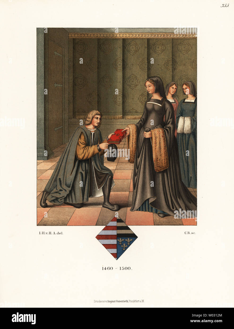 Costumi francese del tardo XV secolo. Nobildonna francese in pelliccia abito visitato da un uomo borghese o studioso in ampia scarpe che si inginocchia davanti a lei. Consulta Araldica stemma a fondo. Da una pittura in miniatura in una pergamena codex della vita di San Girolamo tradotto in francese nella libreria di Stoccarda. Chromolithograph da Hefner-Alteneck i costumi, opere d'arte e apparecchi dal Medioevo fino al XVII secolo, Francoforte, 1889. Illustrazione dal dottor Jakob Heinrich von Hefner-Alteneck, litografata dal C. Regnier. Il dott. Hefner-Alteneck (1811 - 1903) era un museo tedesco curatore, archeologo, Foto Stock