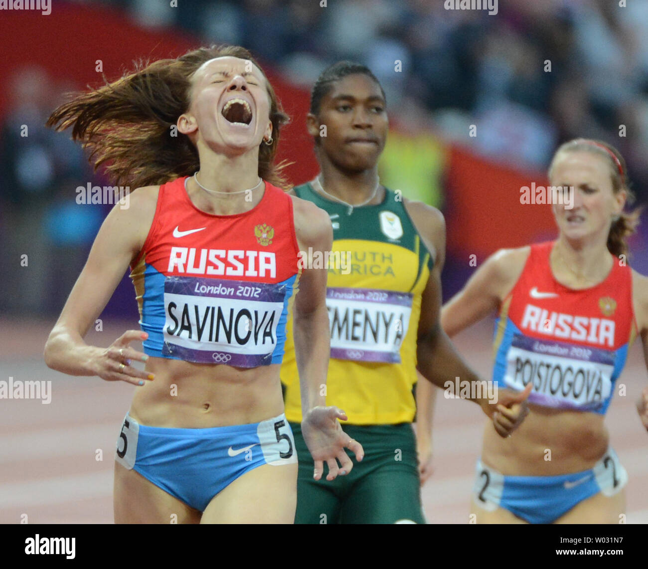 Mariya Savinova della Russia vince la donna 800M al London 2012 Olimpiadi di estate in agosto 11, 2012 a Londra. UPI/Terry Schmitt Foto Stock