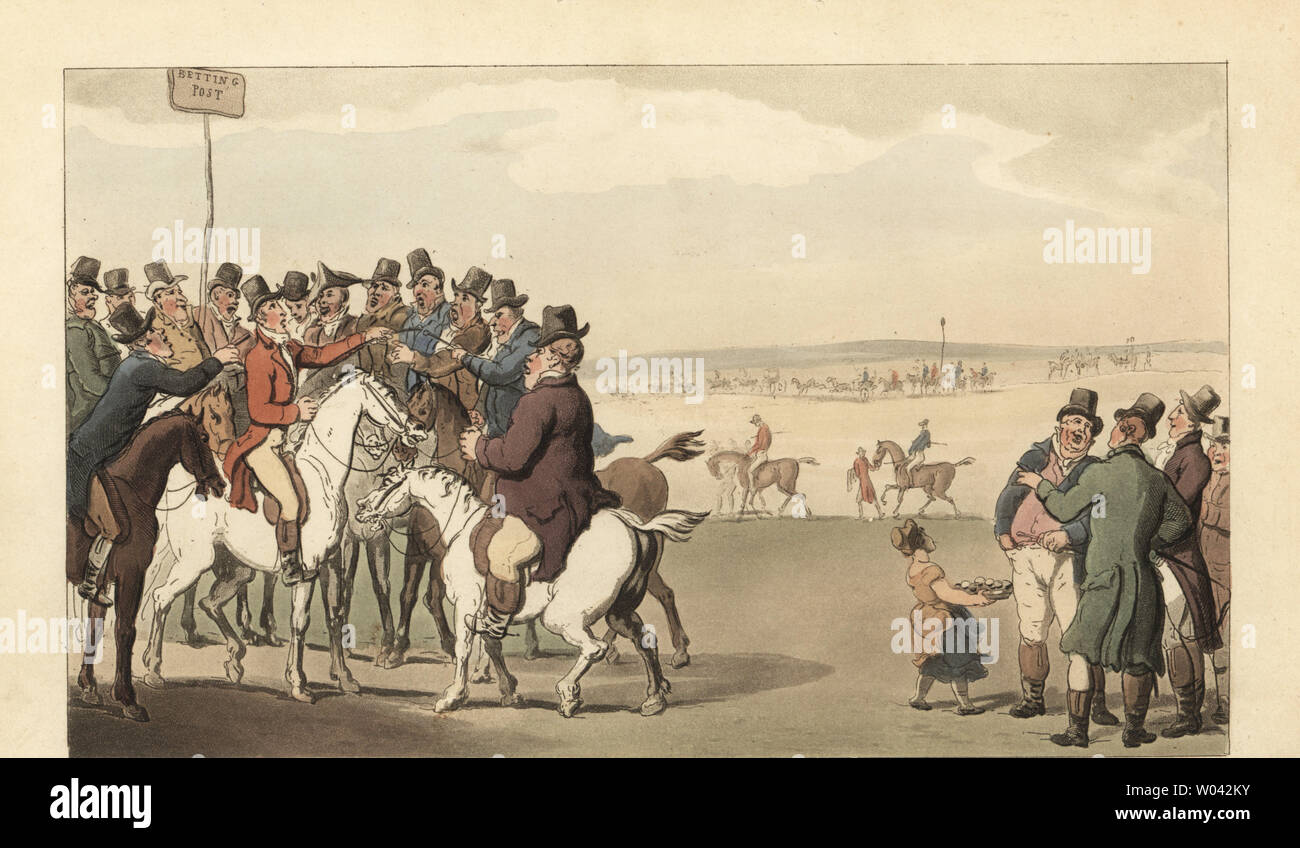 Giovane gentiluomo inglese piazzare una scommessa in un post di scommesse a Newmarket Racetrack. Handcolored incisione su rame dopo una illustrazione di Thomas Rowlandson da William Combe è la danza della vita, Rudolph Ackermann, Londra, 1817. Foto Stock