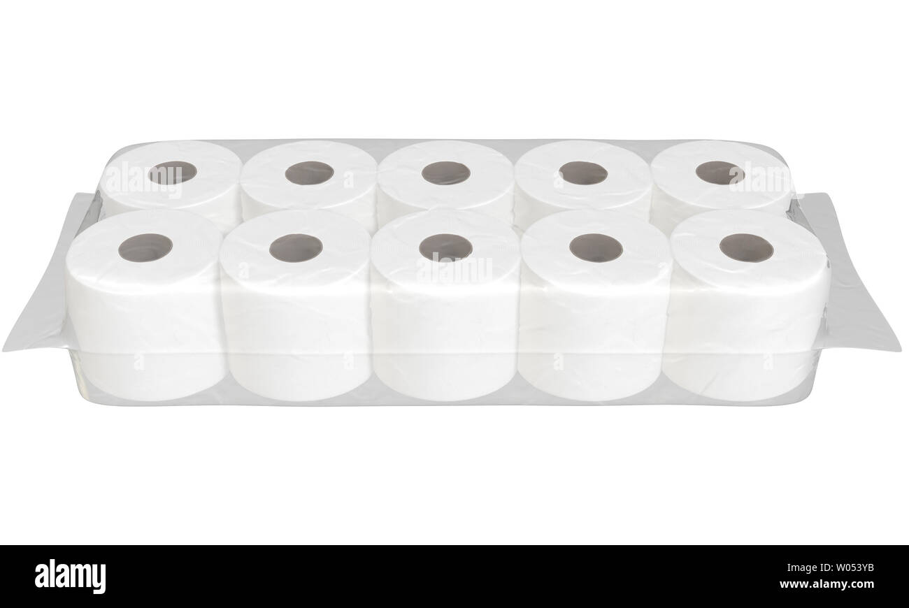 Un senza marca materiale plastico termoretraibile imballaggio tenendo un pelo bianco di rotoli di carta igienica - 3D render Foto Stock