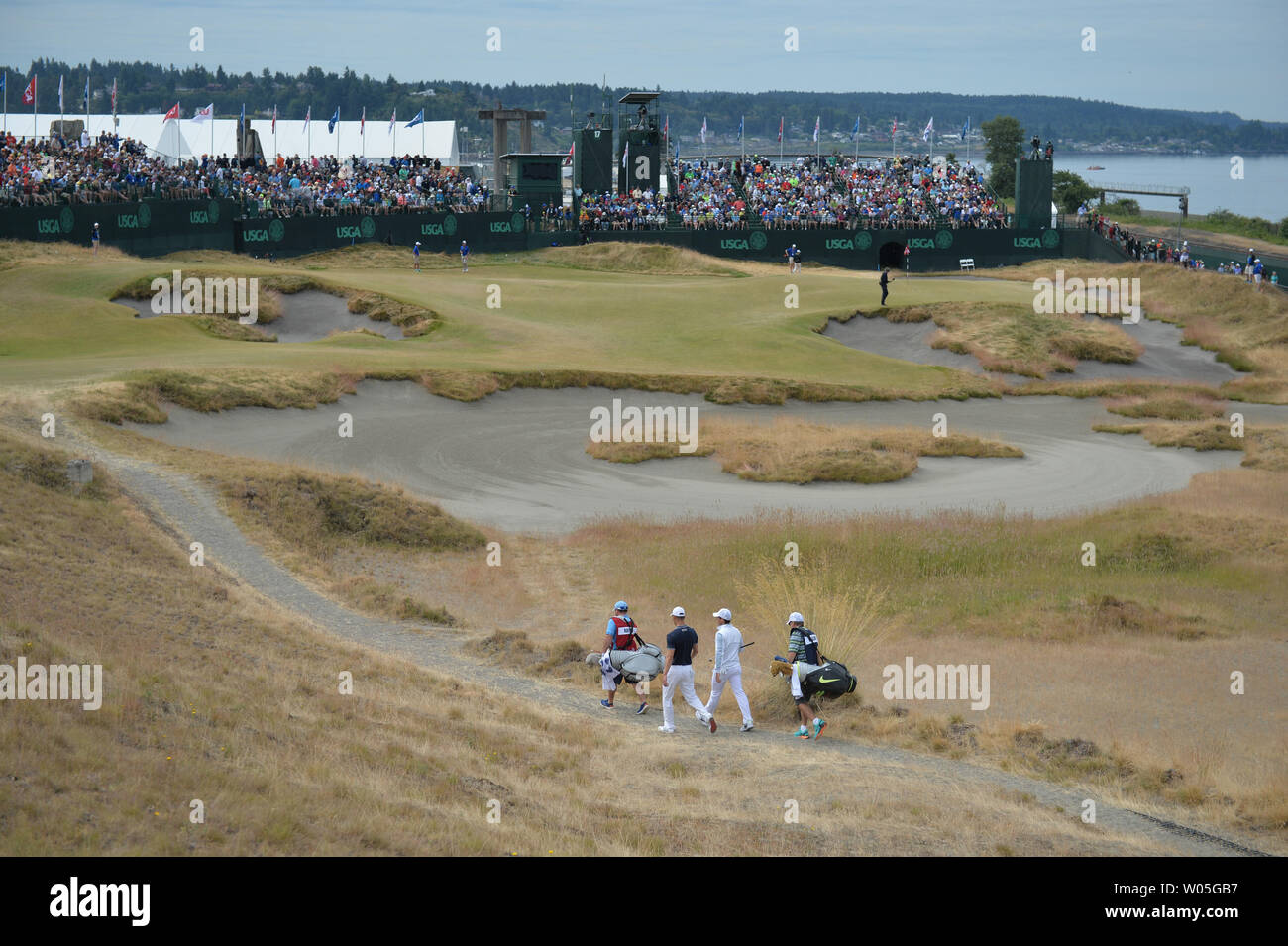 Rory McIlroy passeggiate al diciassettesimo verde nel primo round del 115U.S. Campionato Open a camere Bay il 18 giugno 2015 in posto all'Università di Washington. Foto di Kevin Dietsch/UPI Foto Stock