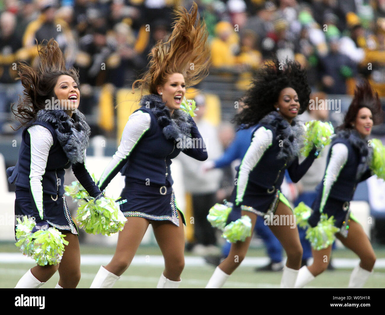 Seattle Seahawks dance team, il Seagals, eseguire durante la partita contro Pittsburgh Steelers al campo CenturyLink a Seattle, Washington il 29 novembre 2015. Il Seahawks battere lo Steelers 39-30. Foto di Jim Bryant/UPI Foto Stock