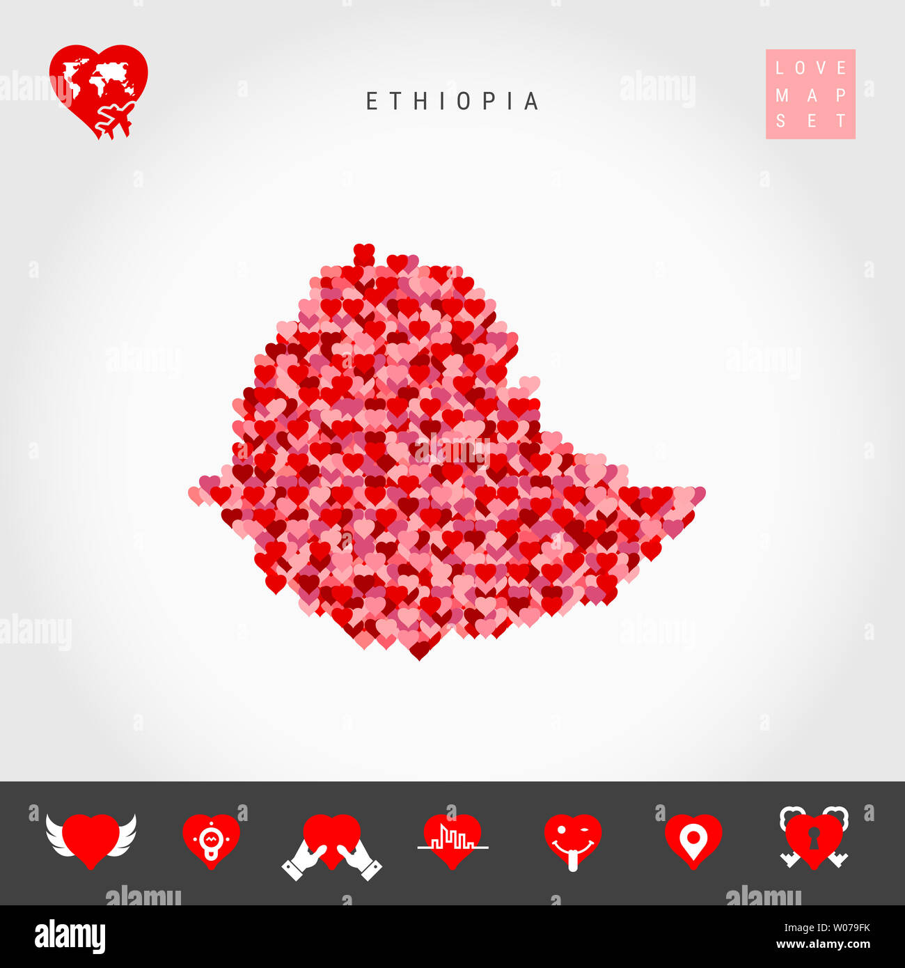 Io amo l'Etiopia. Rosso e Cuori rosa Pattern Mappa di Etiopia isolato su sfondo grigio. Amore Icon Set. Foto Stock