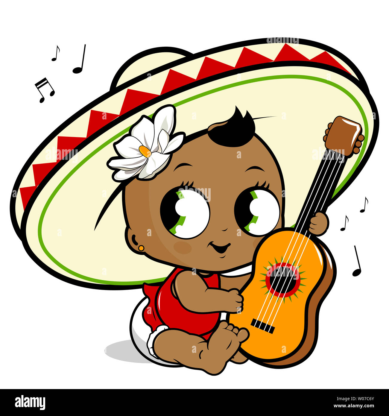 Bella bambina mariachi che suona la chitarra e canta. Cinco de Mayo, festa messicana con baby shower con bimba e cappello da sombrero. Foto Stock