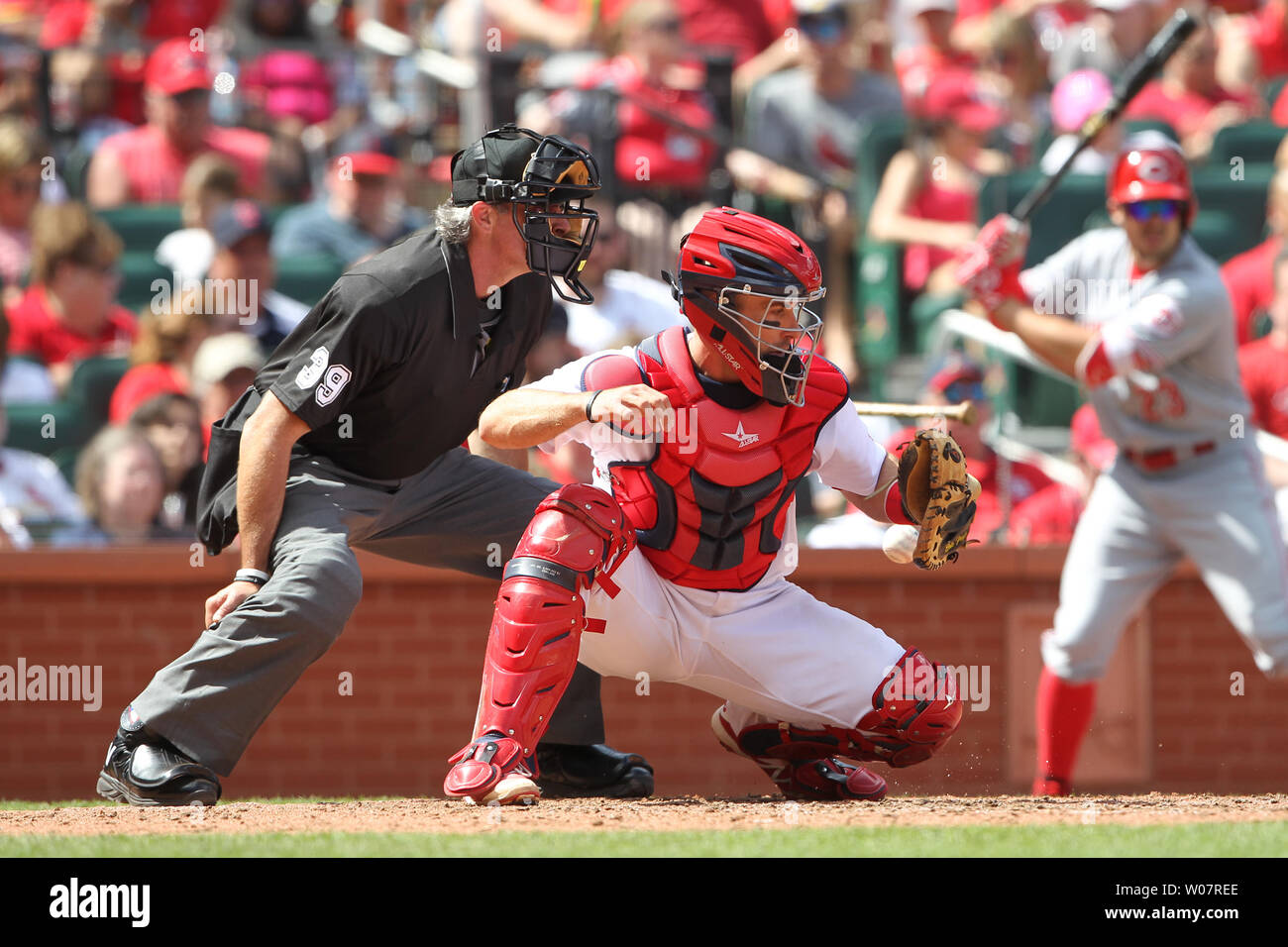 Louis Cardinals catcher Eric friggitrice non riesco a ottenere un guanto sulla sfera generata dal lanciatore Michael Wacha nella sesta inning su un colpo tre oscillare da Cincinnati Reds Devin Mesoraco al Busch Stadium di St Louis il 17 aprile 2016. La friggitrice è stato in grado di venire con la sfera allentati e gettare al prima base per la. Chiamando l'azione è home plate arbitro Paolo Nauert. Foto di Bill Greenblatt/UPI Foto Stock