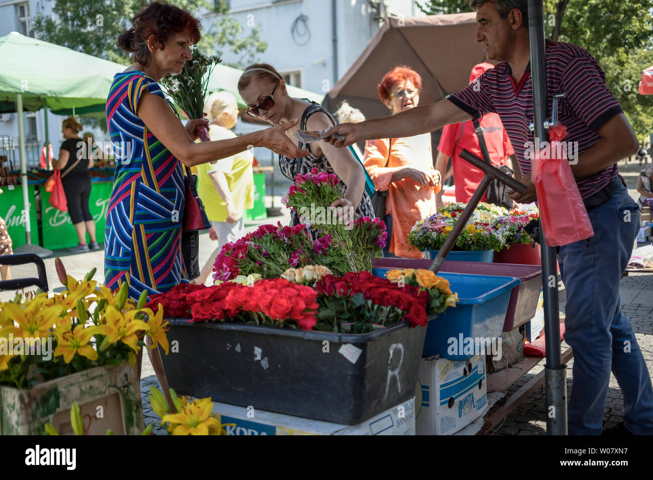 A Belgrado, in Serbia, 22 Giugno 2019: scena urbana con due donne locali acquistare fiori a Zemun Mercato verde Foto Stock