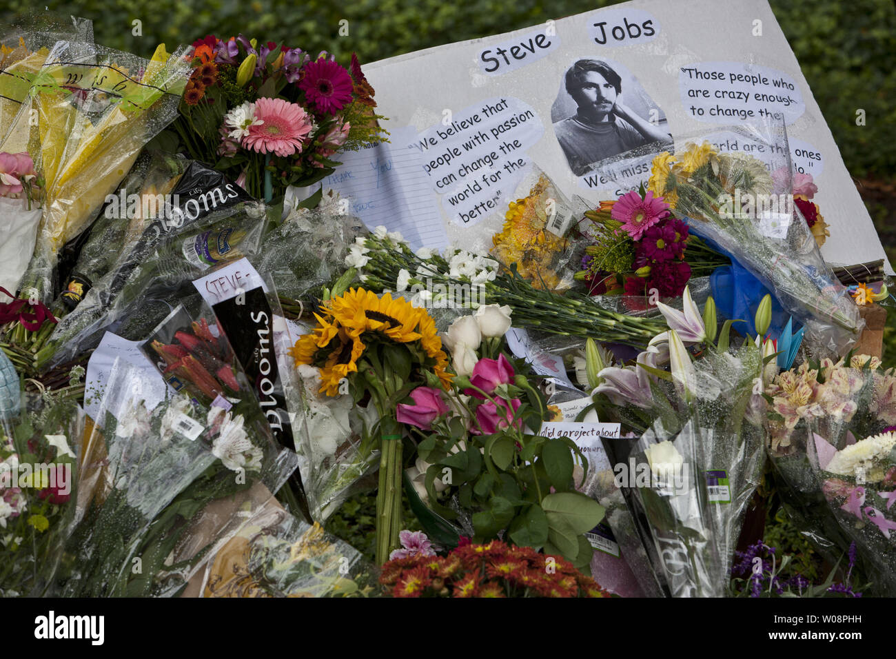 Fiori e messaggi e giacciono su un crescente santuario a Apple visionario Steve Jobs presso il campus Apple di Cupertino, California il 6 ottobre 2011. I lavori 10/5 morì all'età di 56. UPI/Terry Schmitt Foto Stock