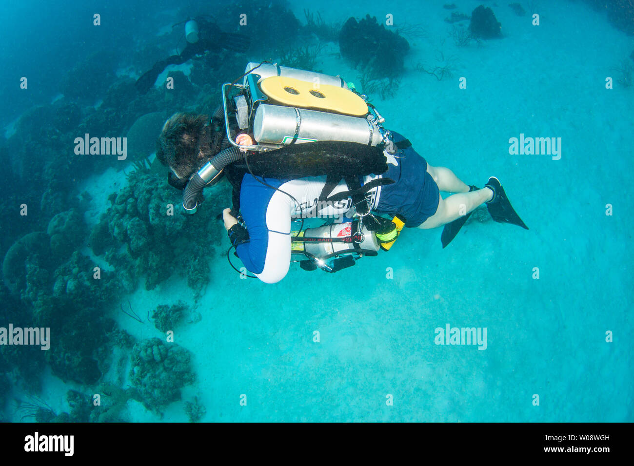 Un tecnico/Rebreather Diver con un bail out sistema spento l'isola di Bonaire, dei Caraibi. Foto Stock