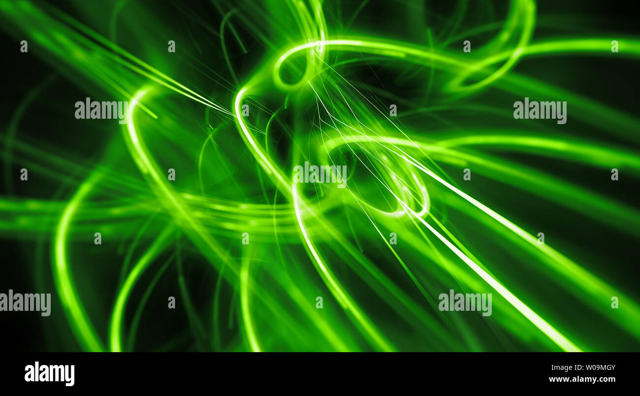 Incandescente verde curve di energia nello spazio, generato dal computer sfondo astratto, rendering 3D Foto Stock