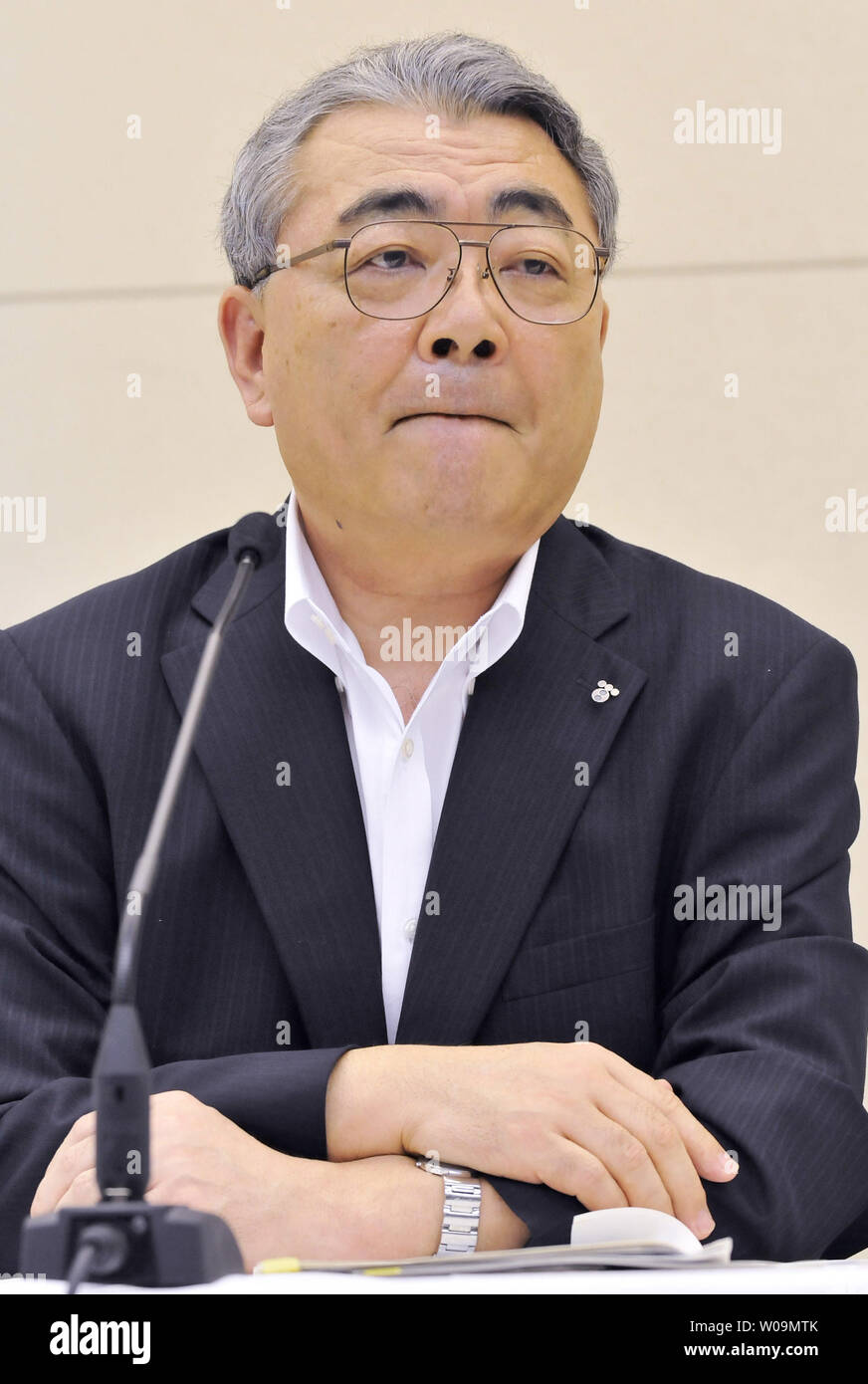 Toshio Nishizawa, presidente della Tokyo Electric Power Co. (Tepco), parla nel corso di una conferenza stampa a Tokyo in Giappone, il 9 agosto 2011. UPI/Keizo Mori Foto Stock