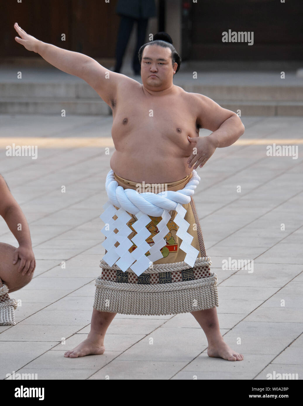 Giapponese di nuova grande campione di sumo Yokozuna Kisenosato esegue Unryu-style entrando cerimonia al Tempio di Meiji in Giappone a Tokyo il 27 gennaio 2017. Foto di Keizo Mori/UPI Foto Stock