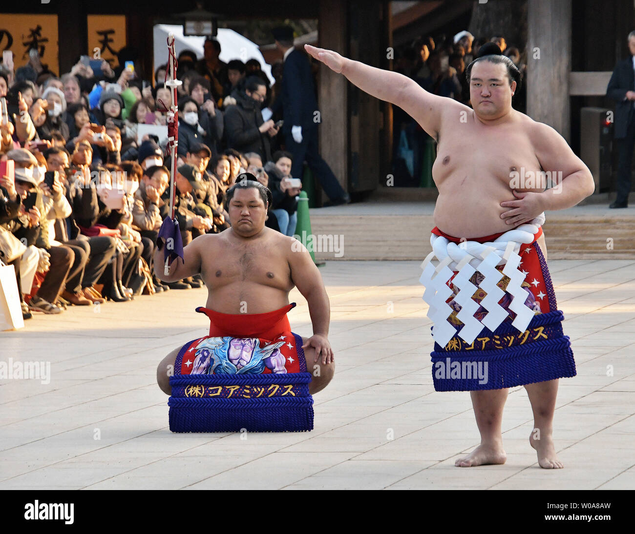 Giapponese gran campione di sumo Yokozuna Kisenosato esegue Unryu-style entrando cerimonia per il nuovo anno di dedizione al Tempio di Meiji in Giappone a Tokyo il 8 gennaio 2019. Foto di Keizo Mori/UPI Foto Stock