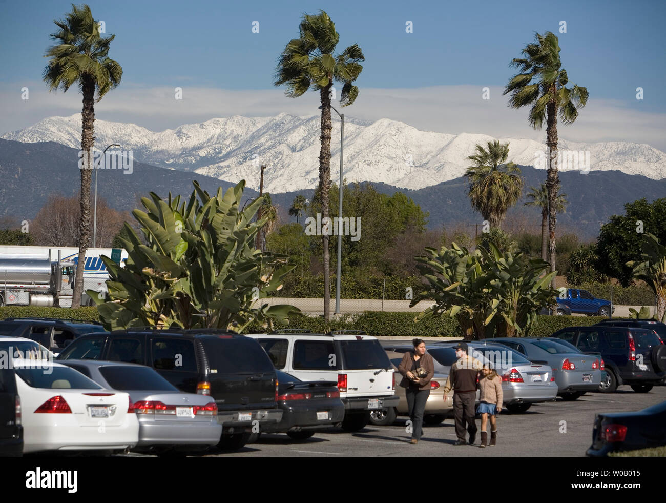 Una famiglia approfitta della tregua tra la California del sud tempeste di visitare un centro commerciale di West Covina, in California, il 26 gennaio 2008. La Snow capped Montagne di San Gabriel sono visto dietro gli alberi di palma. (UPI foto/Terry Schmitt) Foto Stock