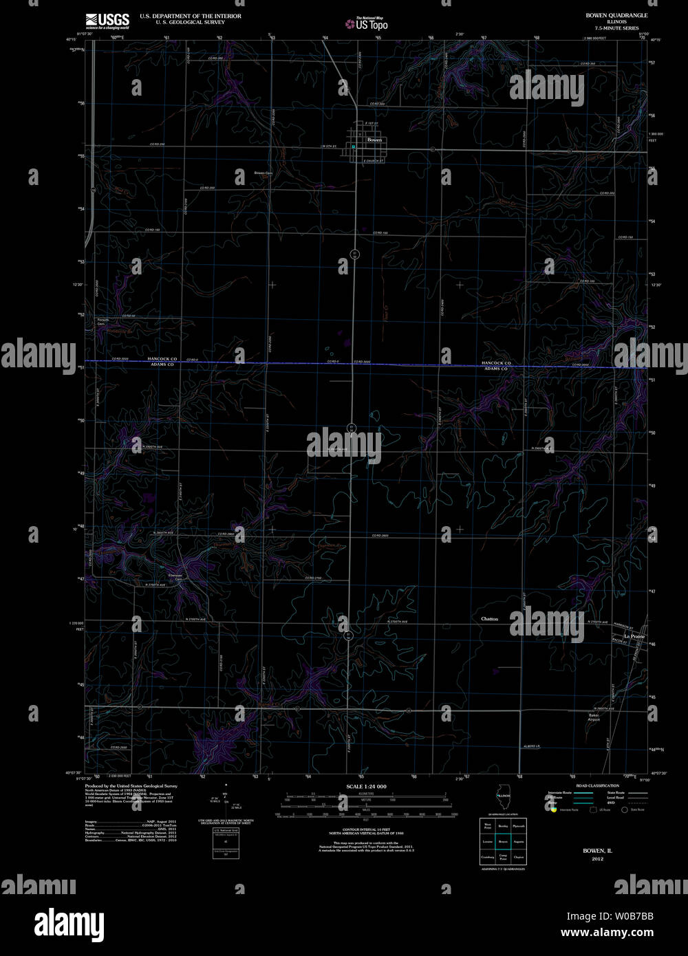 USGS TOPO Map Illinois il Bowen 20120807 TM restauro invertito Foto Stock