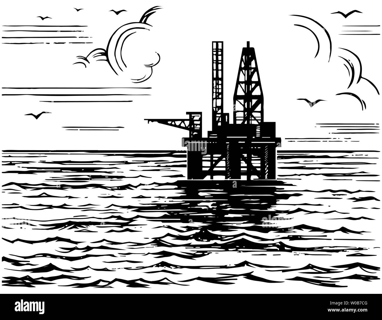 Piattaforma petrolifera nel mare schizzo Illustrazione Vettoriale
