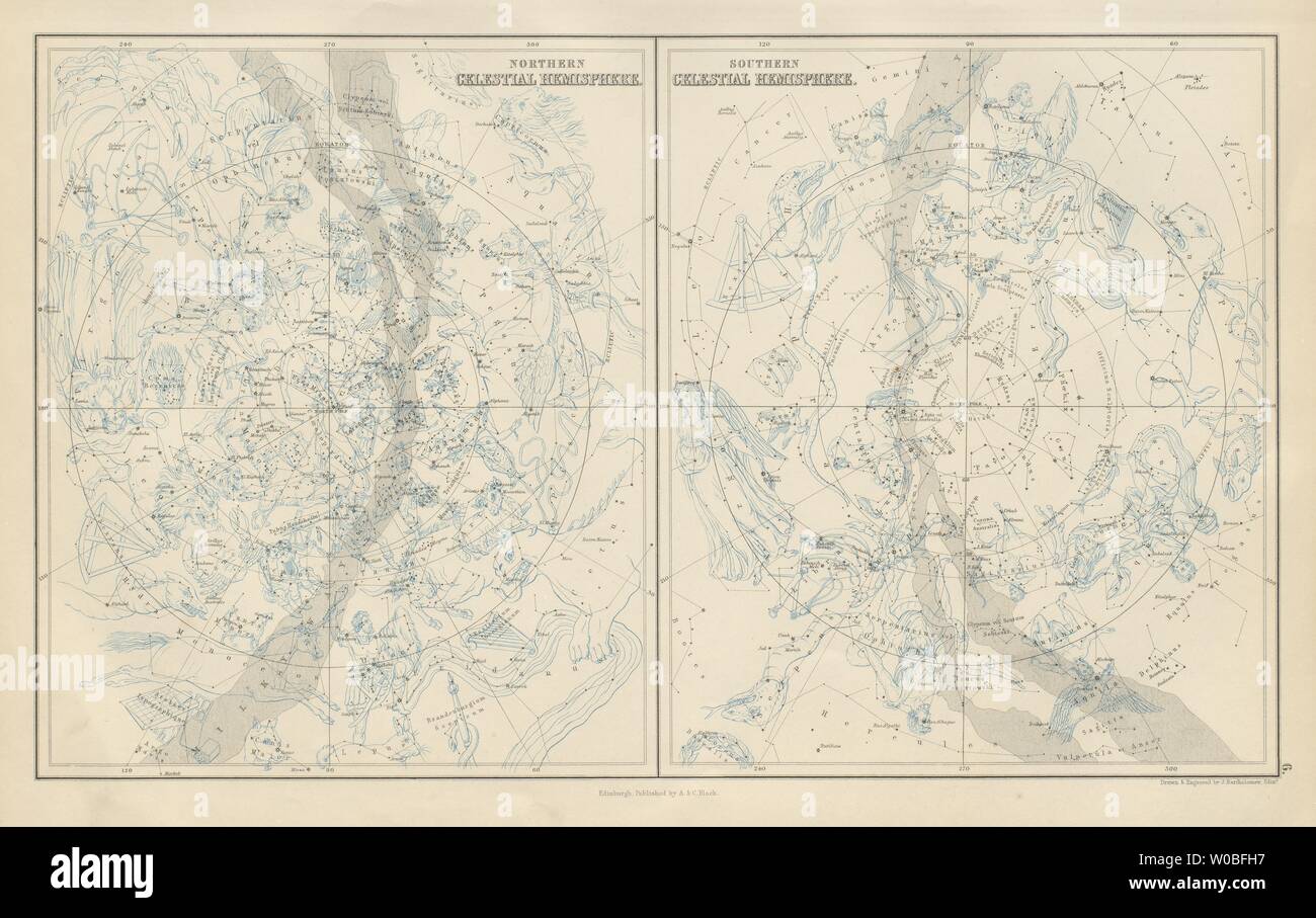 Settentrionale e Meridionale emisferi celesti. Stella grafici. Bartolomeo 1882 mappa Foto Stock