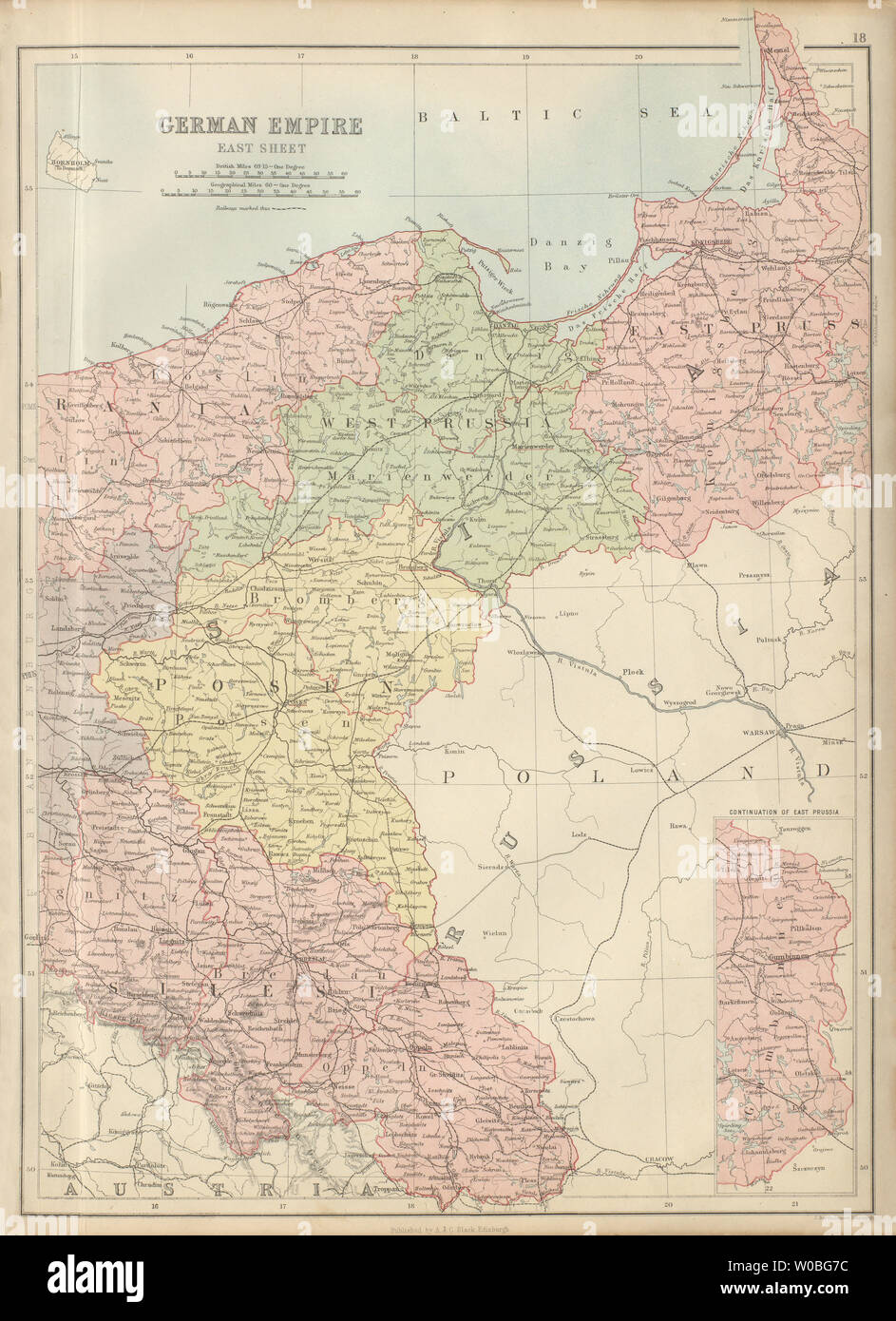 Impero tedesco a est. Germania Polonia Prussia Slesia Posen. Bartolomeo 1882 mappa Foto Stock