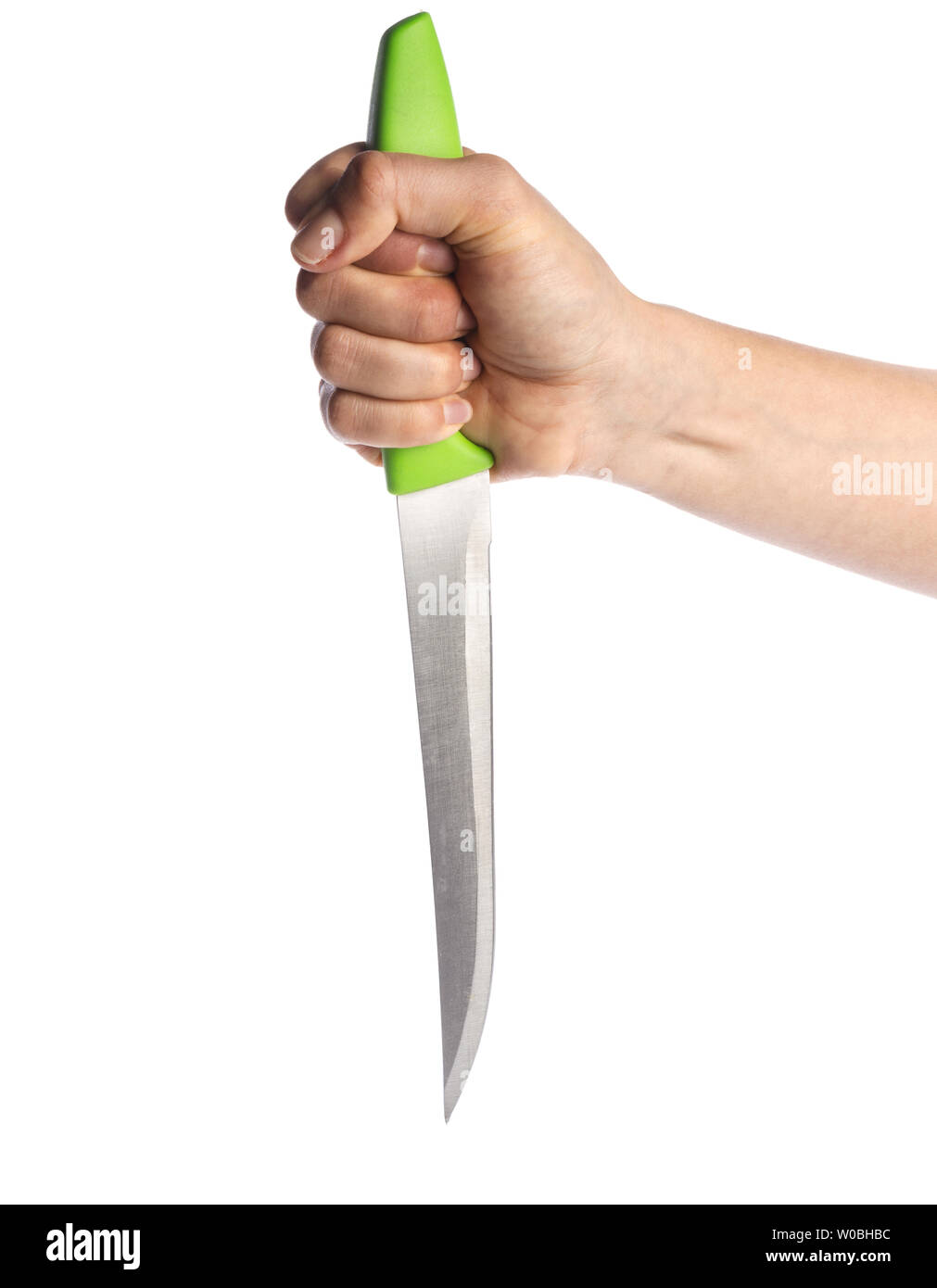 Mano che tiene un coltello isolati su sfondo bianco Foto Stock