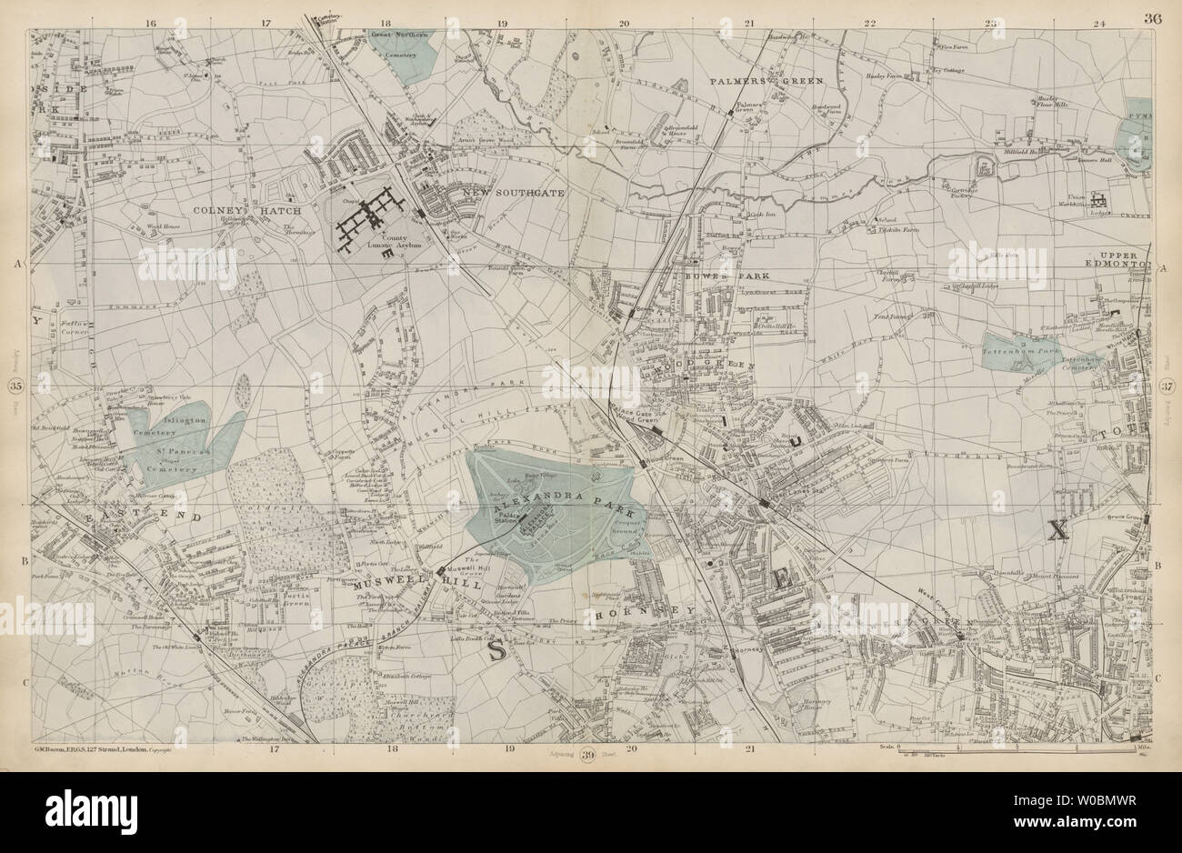 FRIERN BARNET/HORNSEY Palmers/Wood Green Southgate Muswell Hill BACON c1887 mappa Foto Stock