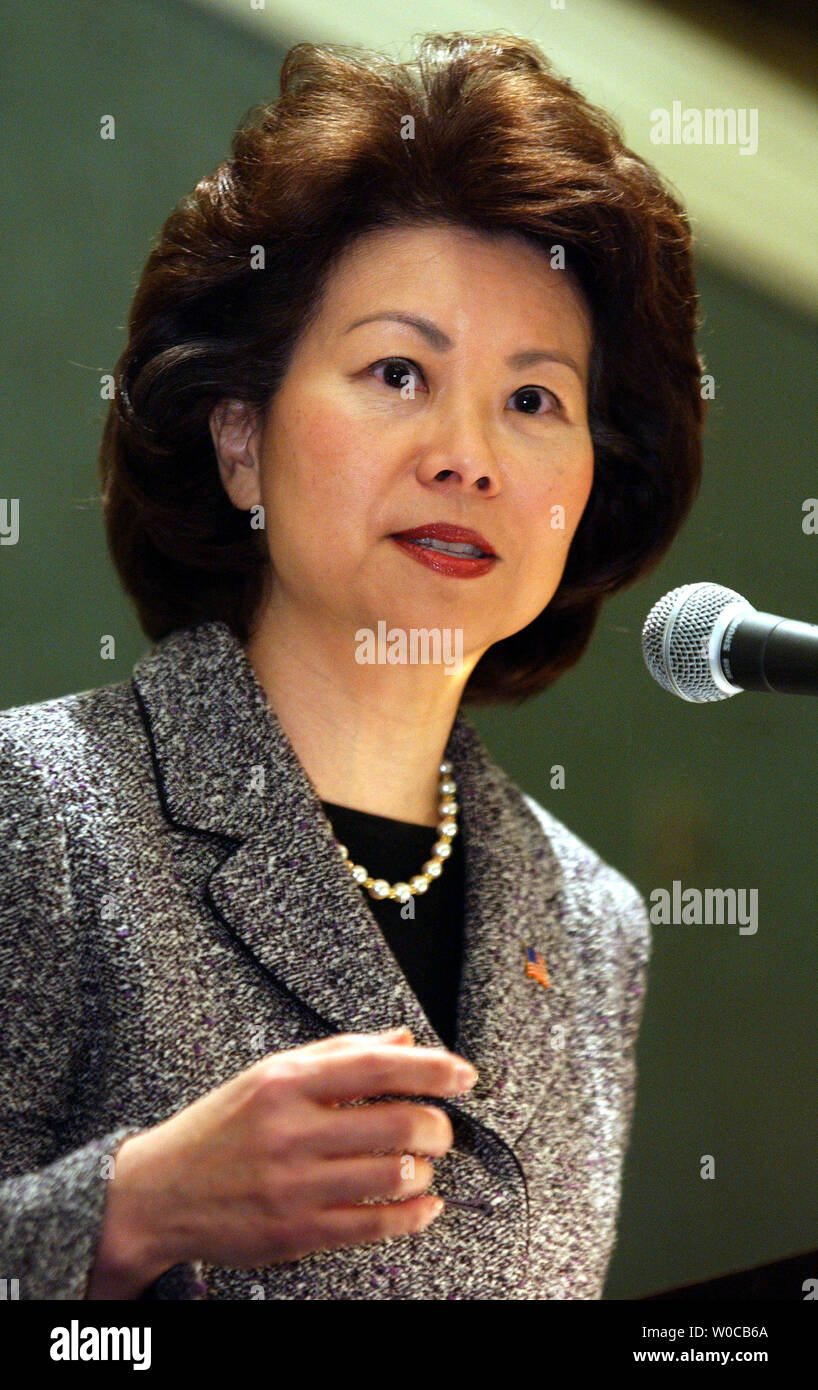 Segretario del lavoro Elaine Chao, indirizzi i quotidiani nazionali Association conference on Marzo 18, 2004 a Washington. Ha difeso l'amministrazione Bush la politica del lavoro e ha detto che l'economia problemi derivano da 9/11 e corporate scandalo. (UPI foto/Michael Kleinfeld) Foto Stock