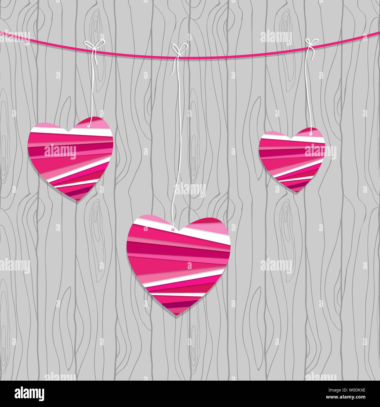 Scheda di san valentino a strisce con cuori di carta sulla parete di legno sfondo vettoriale Illustrazione Vettoriale