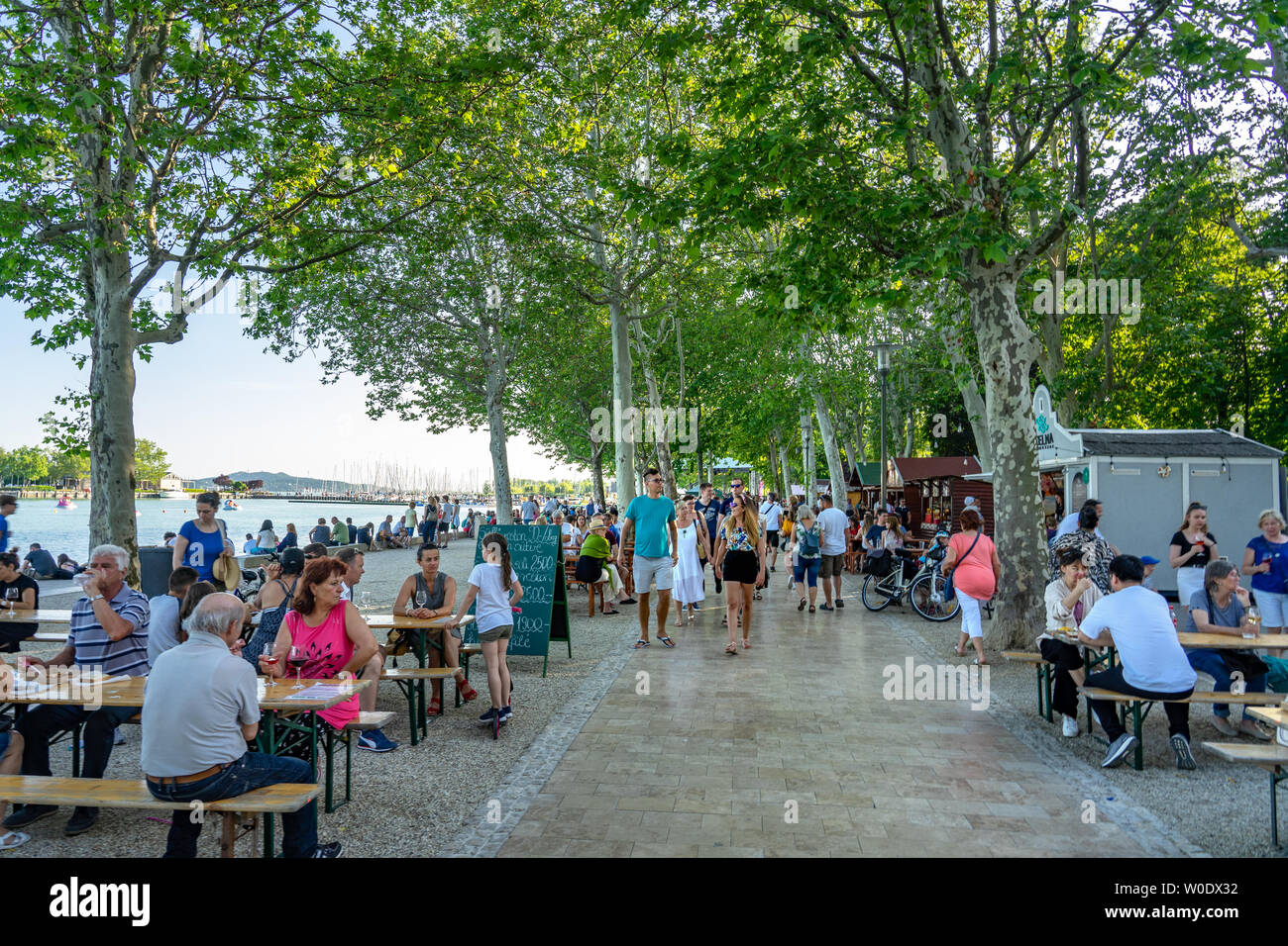 Balatonfured, Ungheria, 06.10.2019 : Pesce ad wine festival al Lago Balaton con persone e sullo sfondo il lago estate Foto Stock