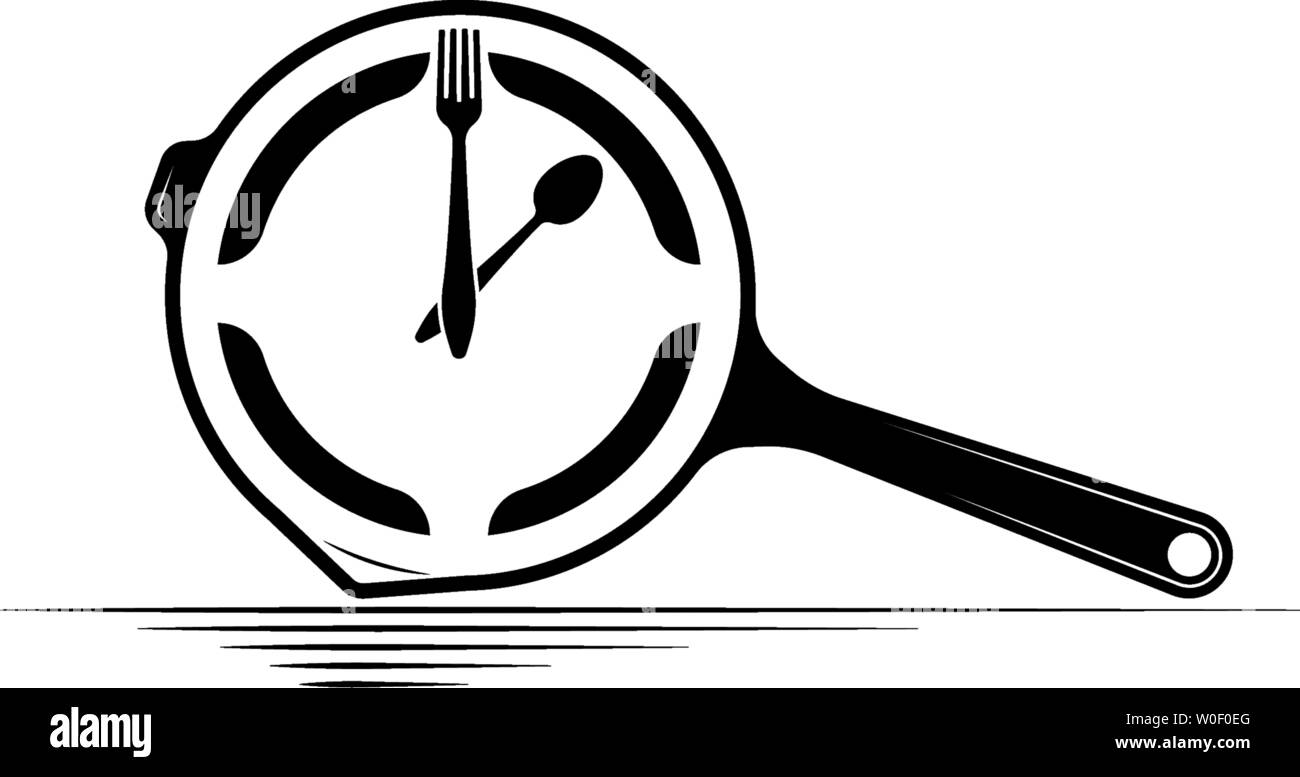 Il logo di un bar o un ristorante. Emblema per il menu o la pubblicità. Orologio a forma di piastra con un cucchiaio e forchetta. Illustrazione Vettoriale