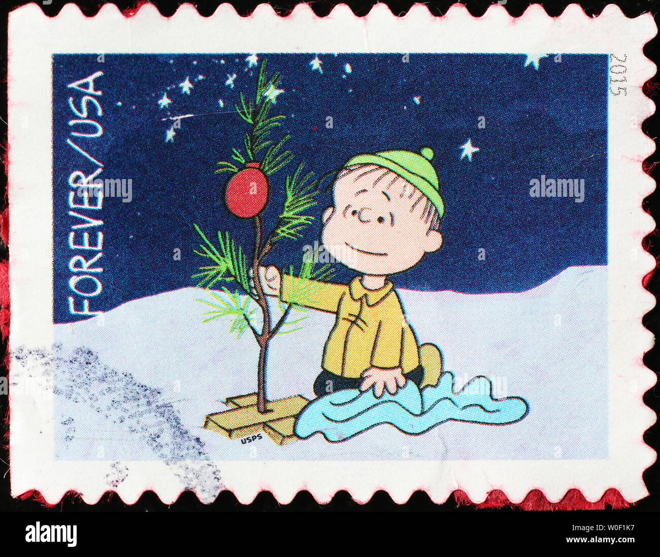 Linus e piccolo albero di Natale sul timbro americano Foto Stock