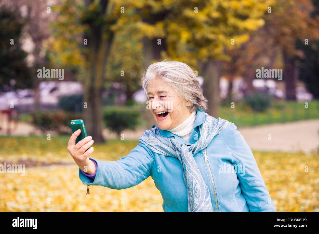Vista di un smilling ed espressive piuttosto alti donna guardando al suo telefono su foglie di giallo nella parte anteriore di un alberi con colori autunnali. Foto Stock
