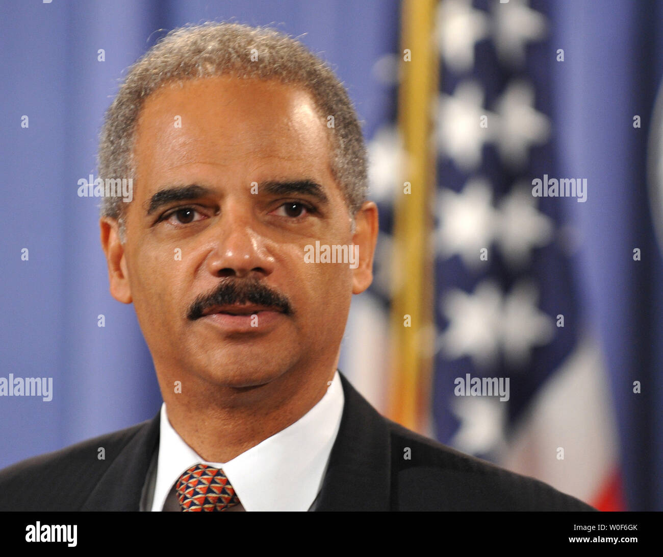 Stati Uniti Il procuratore generale Eric Holder parla di incriminazioni di leader e altri alti membri di varie del Messico del più potente i cartelli della droga, all'U.S. Il dipartimento della giustizia a Washington il 20 agosto 2009. UPI/Kevin Dietsch Foto Stock