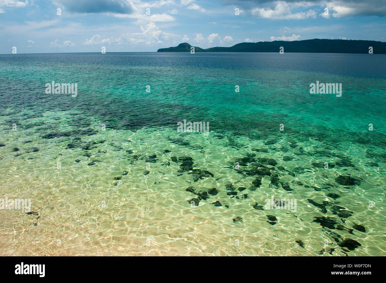 La sabbia e la barriera corallina intorno a Ilot Bambo, Mayotte, Francia Foto Stock
