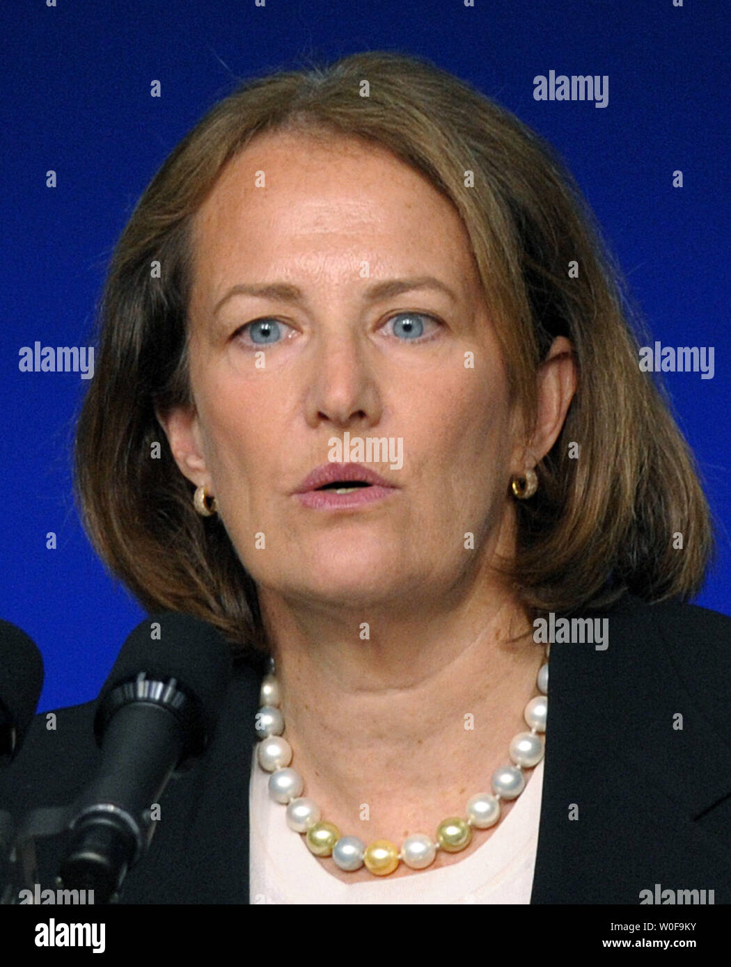 Karen G. Mills, amministratore,U.S. Small Business Administration (SBA) discute l'amministrazione Obama's Middle Class Task Force report contenente idee per aumentare il risparmio energetico nelle abitazioni e la creazione di posti di lavoro verdi a Eisenhower Executive Office edificio adiacente alla Casa Bianca a Washington il 19 ottobre 2009. UPI/Roger L. Wollenberg Foto Stock