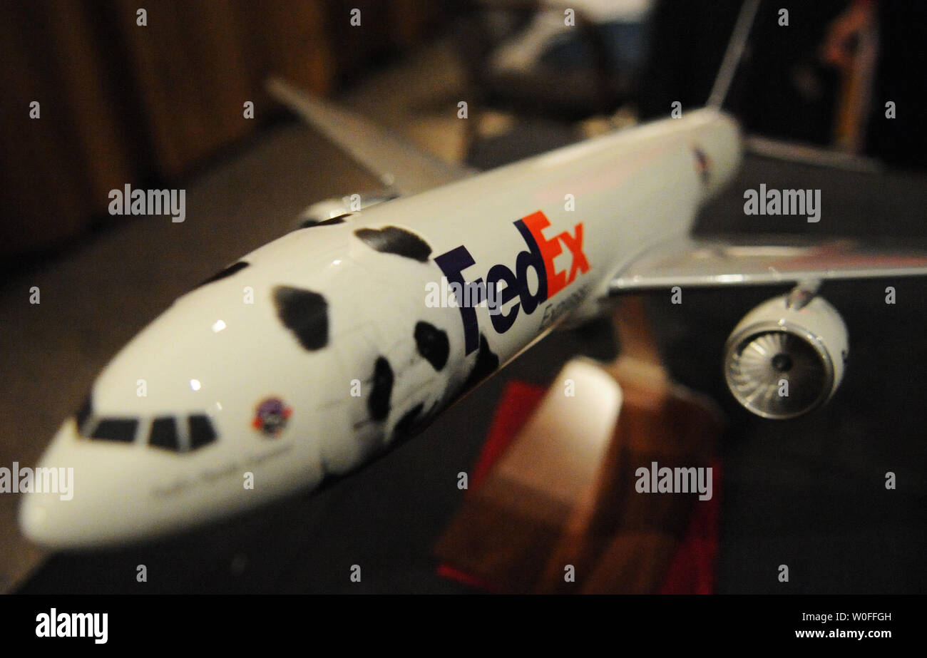 Una replica FedEx Express 777 Freighter, con Panda Gigante logos, è visto nel corso di una conferenza stampa a Washington il 28 gennaio 2010, sulla logistica della partenza del Tai Shan, un panda gigante nato presso il Giardino Zoologico Smithsonian, alla Cina di centro di allevamento. FedEx Express è la donazione dei servizi di trasporto per lo Smithsonian e il Zoo di Atlanta per due Panda Giganti. viaggiano in Cina. UPI/Alexis C. Glenn Foto Stock