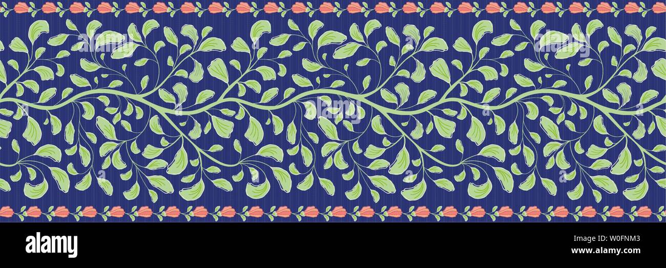 Bellissimo indian floral design di confine corallo con fiori e fogliame verde. Vettore di Seamless pattern a strisce su sfondo blu. Ottimo per il benessere Illustrazione Vettoriale
