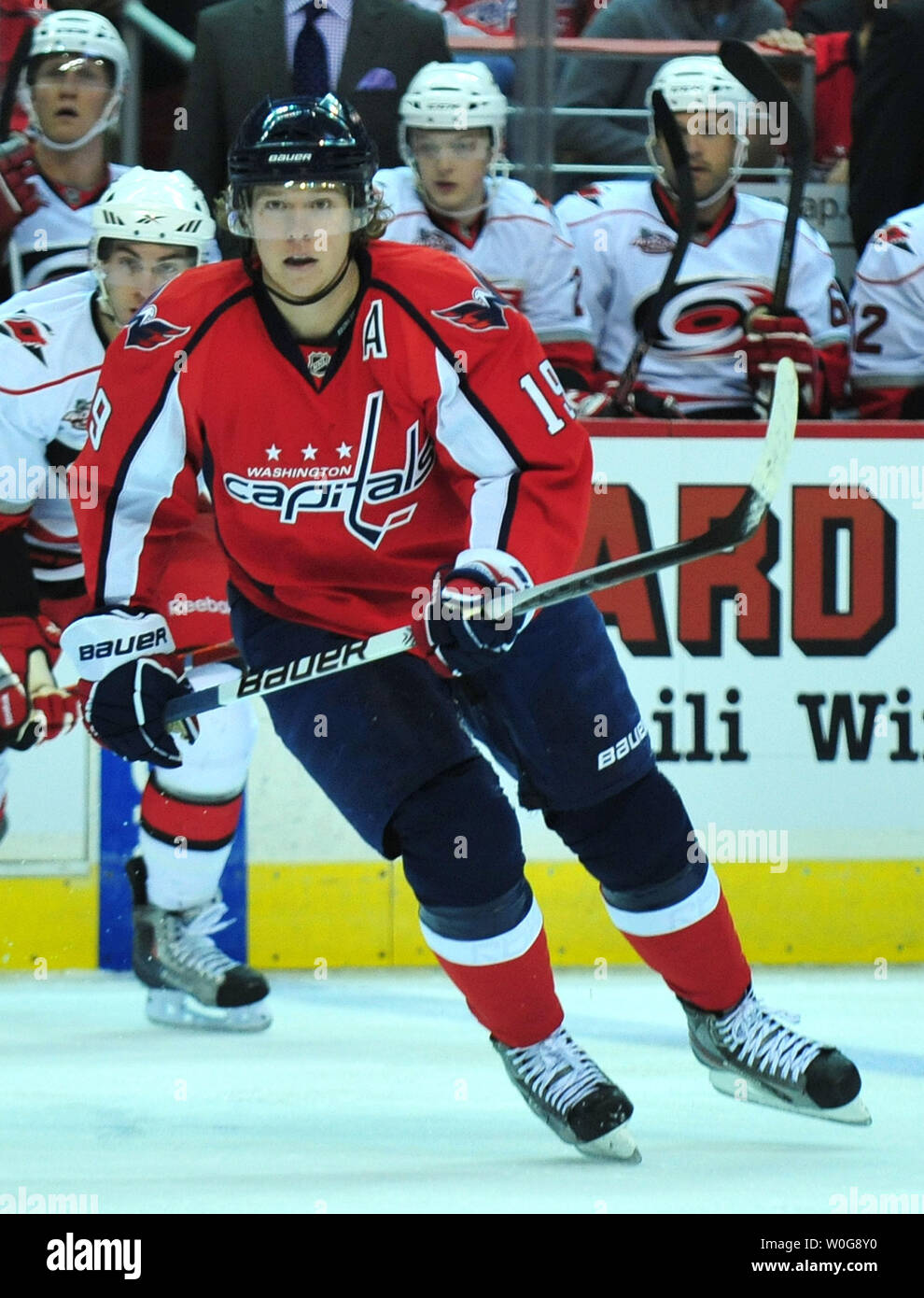 Washington capitali " Nicklas Backstrom è visto sul ghiaccio contro Carolina Hurricanes' durante il primo periodo al Verizon Center di Washington il 29 marzo 2011. UPI/Kevin Dietsch Foto Stock