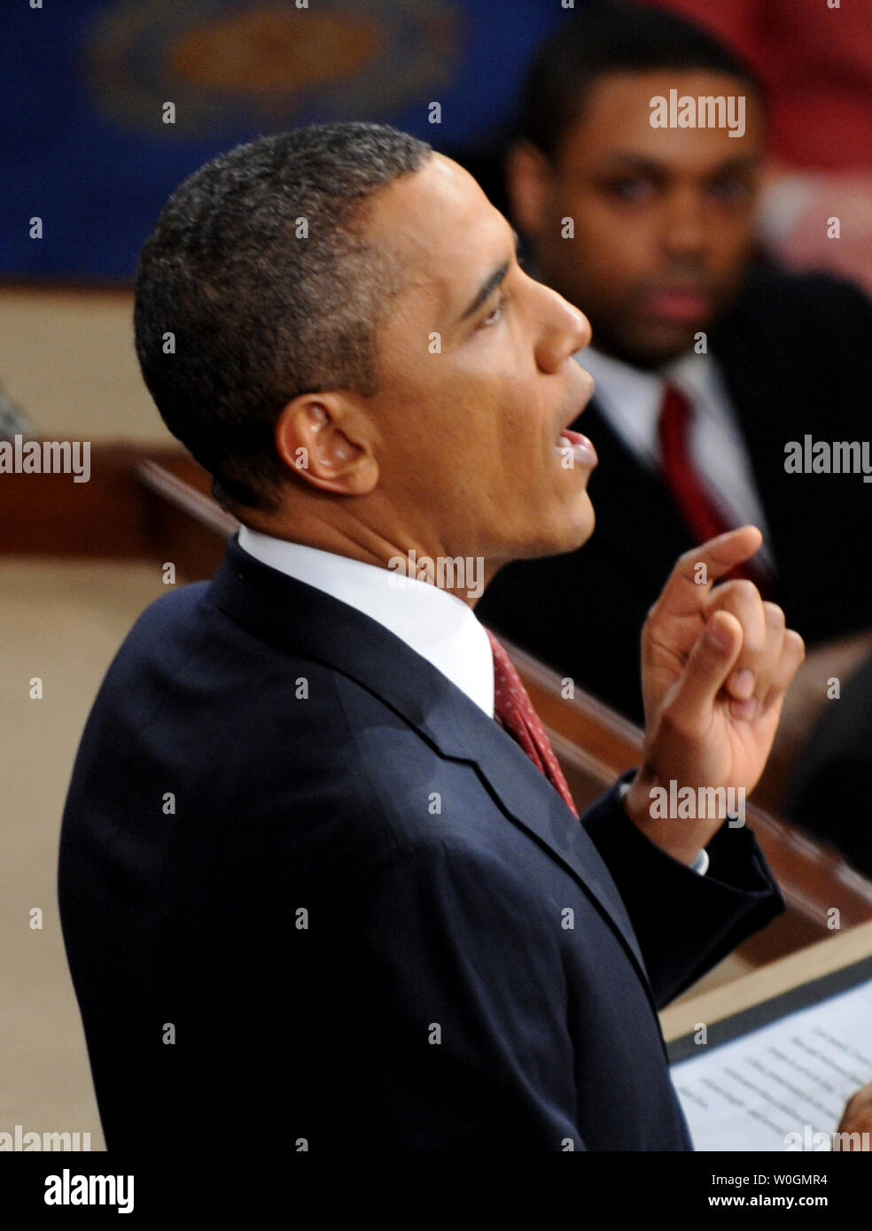 Stati Uniti Il presidente Barack Obama fa il suo stato dell unione indirizzo a una sessione congiunta del Congresso e del popolo americano nella casa camera all'U.S. Capitol on gennaio 24, 2012 a Washington, DC. Obama ha offerto il suo profilo per la crescita economica e la correttezza nelle tasse. UPI/Pat Benic.. Foto Stock