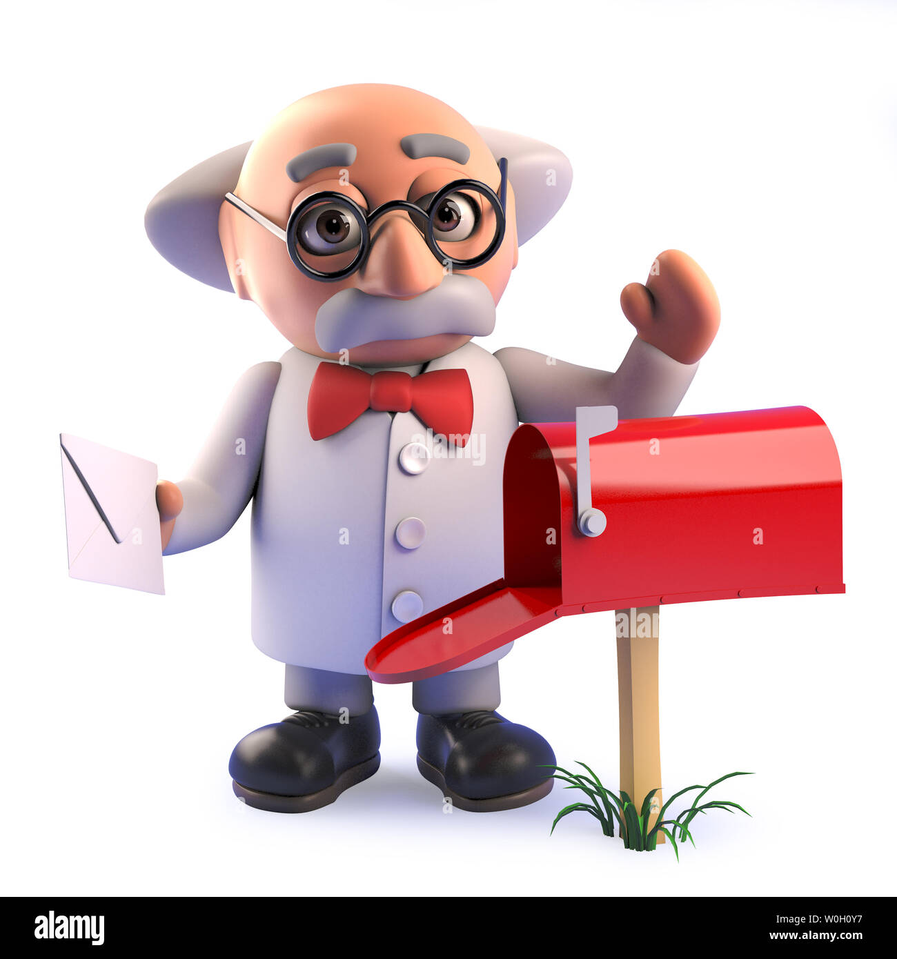 Immagine 3D di un 3d crazy mad professor scienziato prende mail dalla propria casella di posta elettronica Foto Stock